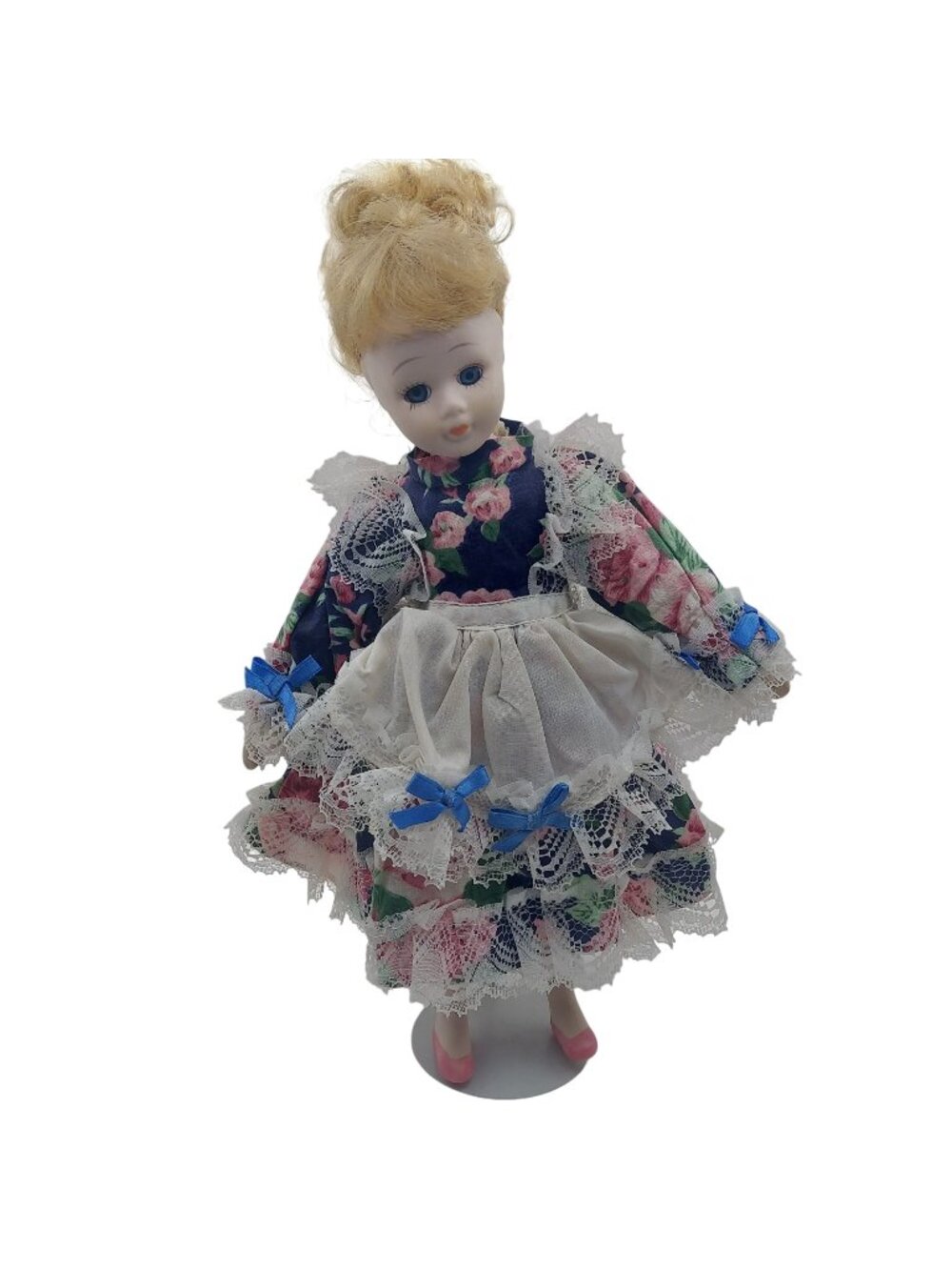 Porcelain Doll 12" Blonde Hair Blue Eyes Floral Dress Lace Apron & Display Stand